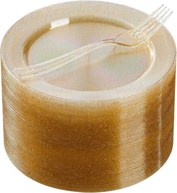 Goodluck 120PCS Gold Glitter Plates with Plastic Forks, Gold Dessert Plates for 60 Guests, Heavy Duty Disposable Plates for Party, Including 60 7" Plastic Plates and 60 7.4" Plastic Forks