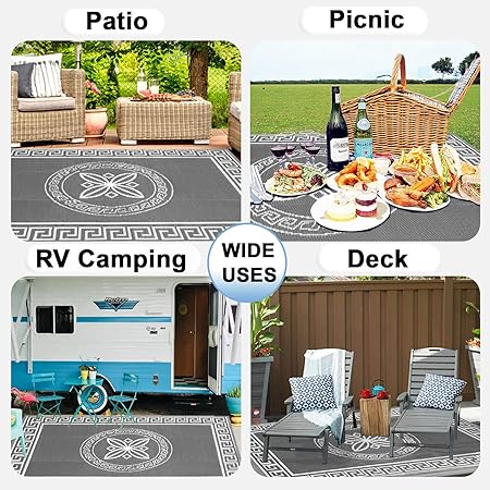 OutdoorLines Outdoor Reversible Rugs for Patio 4x6 ft - Plastic Area Rug, Stain UV Resistant Portable RV Carpet, Plastic Straw Mats for Porch, Pool Deck and Camping QuatrefoilGray White