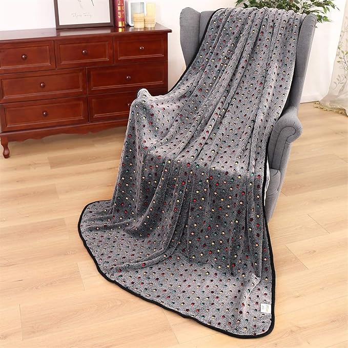 Dog Blanket with Colorful Dots Warm Soft Fuzzy Pets Blankets Small Medium Large Dogs Cats Reversible Pet Blanket Washable Couch Bed Protector Cover, Grey, 16" x 24"