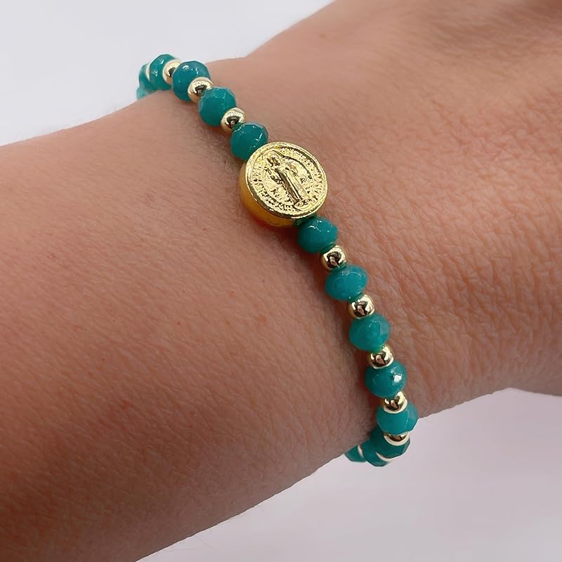 St Benedict Coin and Natural Round Aquamarine Agate Beads Adjustable Bracelet for Women (Aquamarine Agate)
