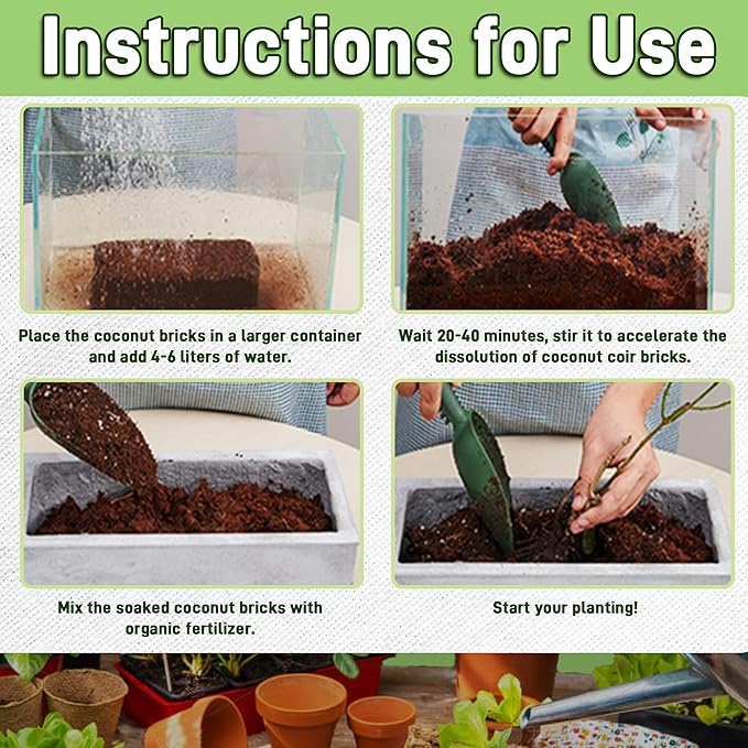 Coco Coir Brick for Plants, 4 Packs 100 Natural Organic Compressed Coconut Coir Fiber with Low EC PH Balance, High Nutrition Coconut Soil Coco Fiber for Planting, Herbs