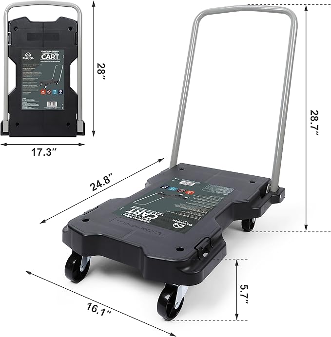 Olympia Tools Fully Folded Resin Push Cart Dolly - 330 Lb. Loading Capacity Foldable Moving Platform Cart Hand Truck - Black Collapsible Heavy Duty Folding Rolling Flatbed Cart with 4 Swivel Wheels