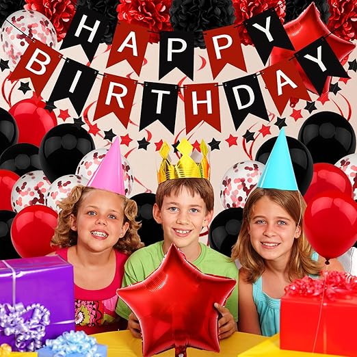 Black and Red Birthday Decorations, Happy Birthday Decorations with Banner for Boys Girls Men Women Birthday Party Decorations Supplies