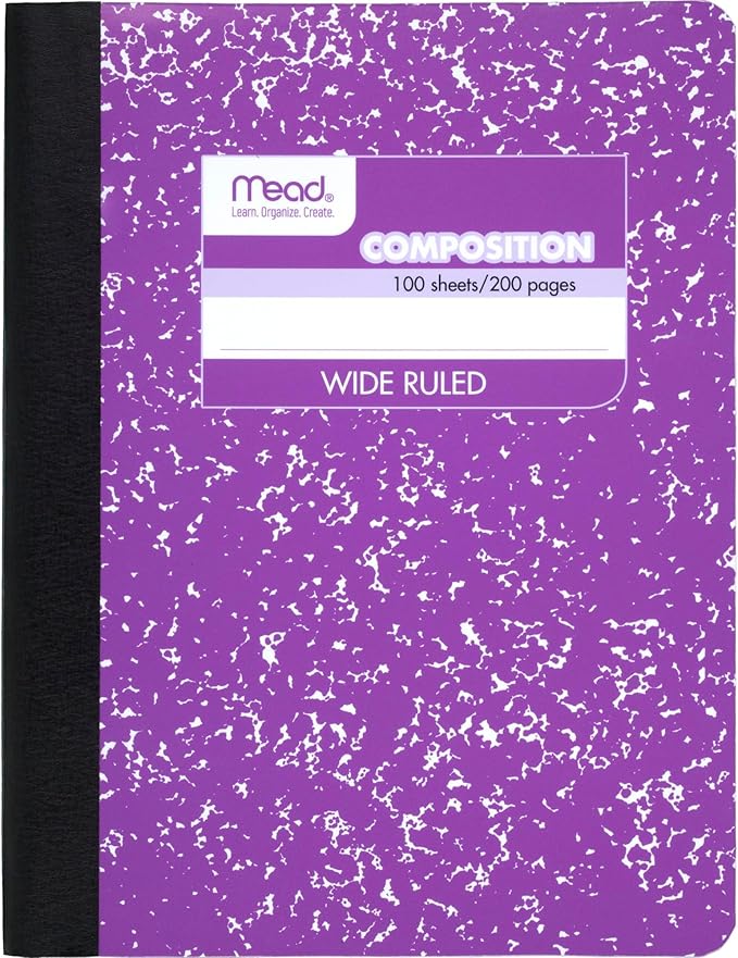 Mead Composition, Wide Ruled Comp Book, Writing Journal Notebook with Lined Paper, Home School Supplies for College Students K-12, 9-34" x 7-12", 100 Sheets, Black Marble (09910)