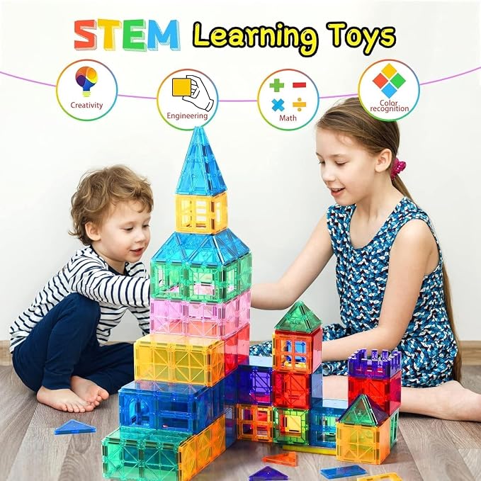 Ziggzo Magnetic Tiles for Kids Ages 4-8 | 100 Magnet Tiles with Storage Bag and 2 Cars | STEM Building Blocks for Creative Learning