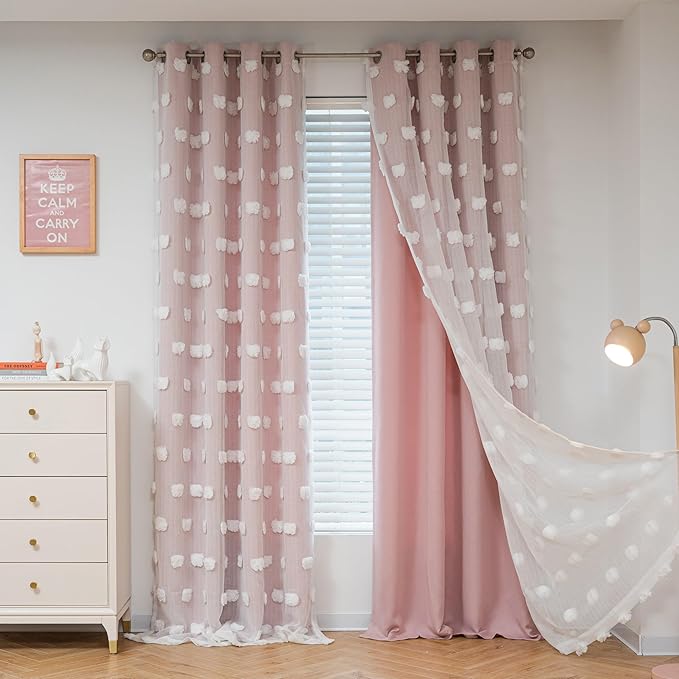 Mysky Home Double layer curtains, living room, nursery, bedroom, translucent, white pompoms, dining room, window panels, room darkening, 52 x 84 inches, pink