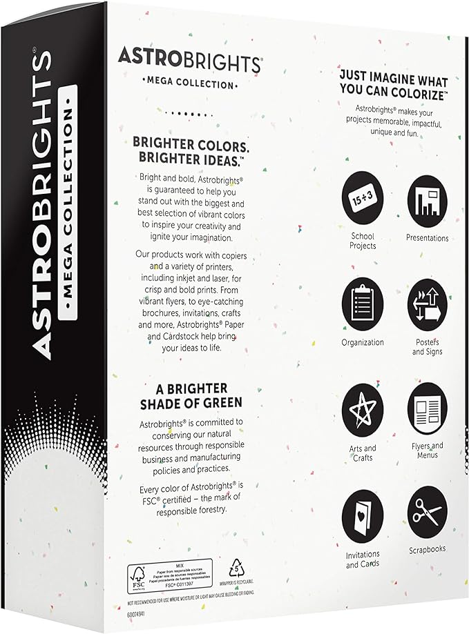 Astrobrights Mega Collection, Colored Cardstock, Bright Confetti White, 320 Sheets, 65 lb176 gsm, 8.5" x 11" - MORE SHEETS! (91683)