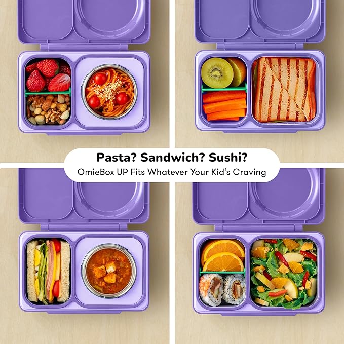 Omie OmieBox UP bento Box for Kids | Insulated Lunch Box | Leak Proof Vacuum Insulated Thermal Food jar | Cooler ice Pack | 2 Compartments (Galaxy Purple)