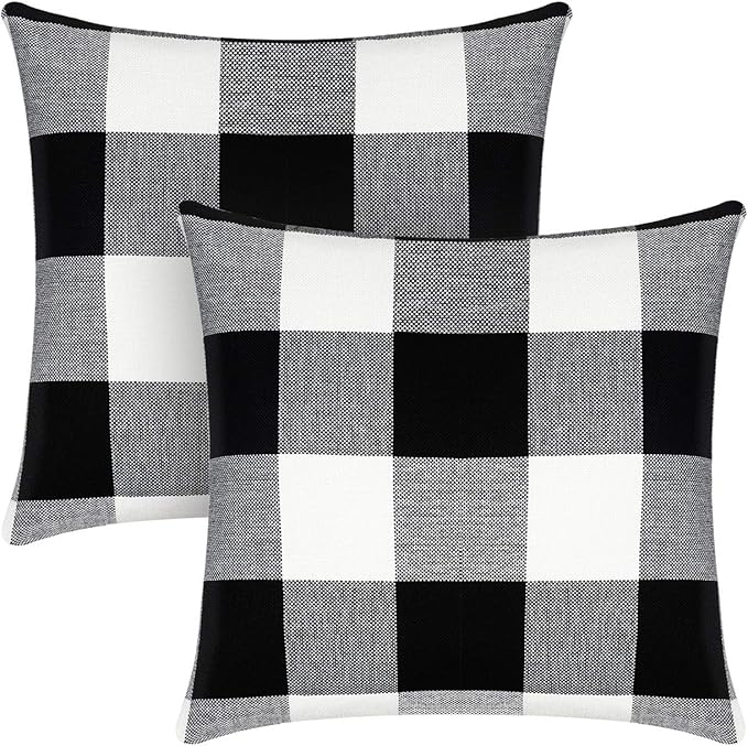 Syntus Set of 2 Buffalo Check Throw Pillow Covers Farmhouse Outdoor Plaid Square Pillow Cushion Case Black and White Polyester Linen for Christmas Thanksgiving Decor Car Bed Sofa, 18 x 18 inches