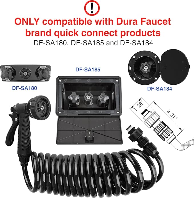 Dura Faucet DF-SA187-BK RV Exterior Quick Connect Sprayer with 7 Spray Settings and Coiled Hose Kit (Black)