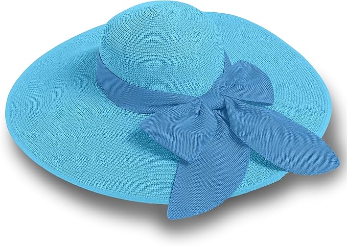 Women's Wide Brim UPF 50+ Straw Sun Hat with Bow - Foldable Packable Summer Beach Hat with Chin Strap