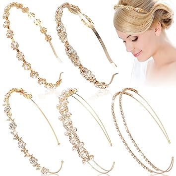 XunYee 5 Pcs Gold Rhinestones Headbands for Women Flower Leaf Tiara Crown Headband Metal Prom Headpiece Bridal Wedding Hair Accessories for Bride Girl Party(Gold)