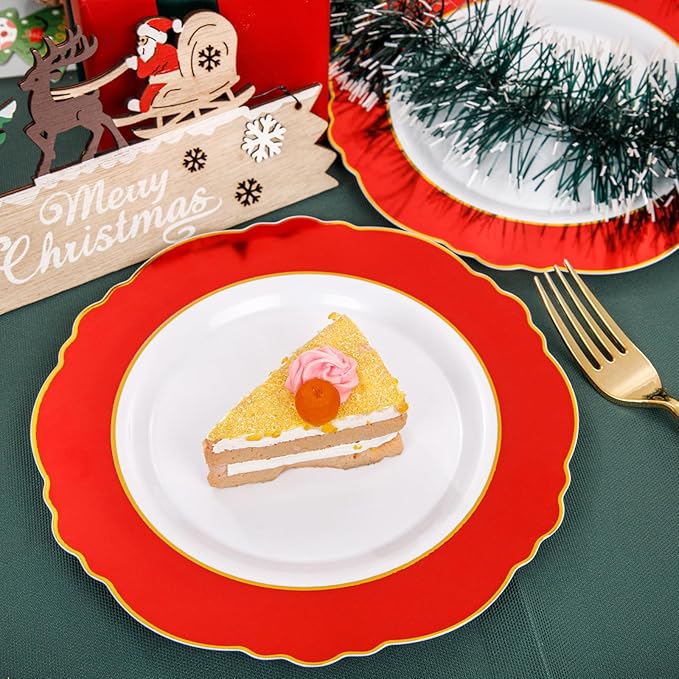 WDF 60pcs Red valentines Plastic Plates Gold Rim - 10.25inch Red Dinner Plates Disposable Plates Table Decor for Christmas Party