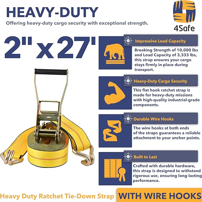 Heavy Duty Ratchet Tie Down (1 PK) 2" x 27' 3333 LBS Working Load, 10000 LBS Break Strength a Double J Hook Ratchet Straps Perfect for Moving Appliances, Lawn Equipment and Motorcycles