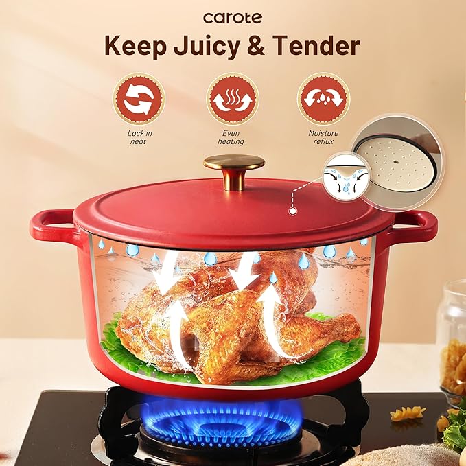 CAROTE Cast Iron Dutch Oven Pot with Lid, Enameled Dutch Oven for Bread Baking, Dual Handles, Heavy-Duty Cast Iron Pot, 5QT, Red