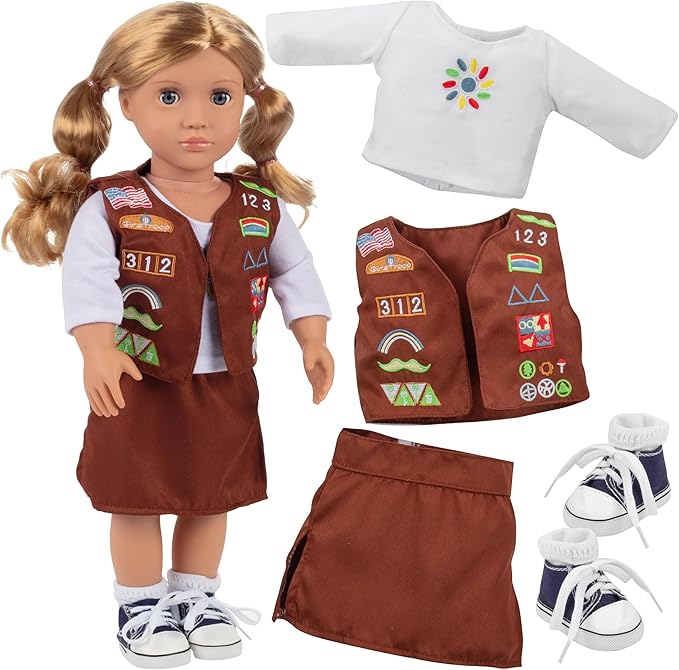 5pc Girls Troop Doll Outfit - 18" Doll Clothes Accessories - Set Includes Shirt, Skirt, Socks, Sneakers, Vest with Badges - Gifts for Girls