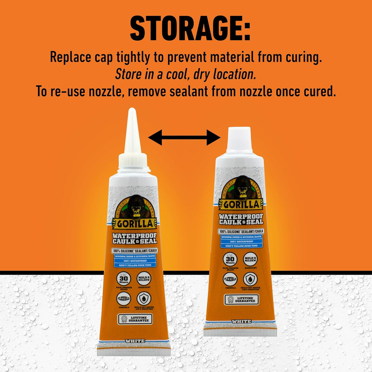 Gorilla 100% Silicone Caulk, Waterproof Sealant, 2.8oz Squeeze Tube (Pack of 1) – White -10 Year Mold Resistant Kitchen, Window, Bath, Marine, Door and More