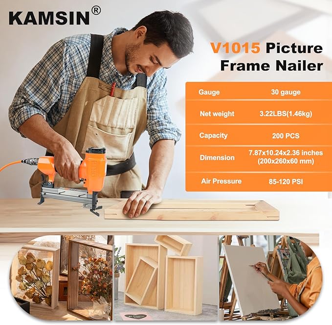 V1015 30 Gauge Pneumatic Picture Frame Nailer, 13/32-Inch Crown V Nailer, 3/16-Inch to 19/32 -Inch Length V-nails Picture Frame Joiner V Nail Gun For Picture Frames (Nail Gun Only)