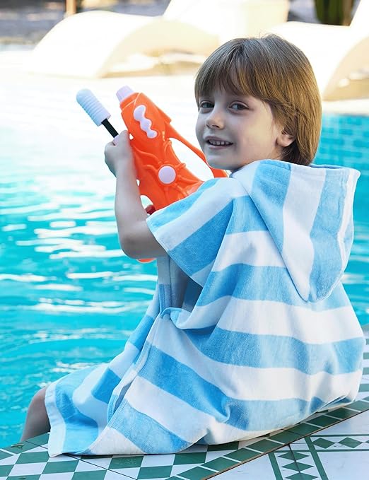 Toddler Bath Towel Poncho Thick Cotton Striped Beach Towels for Kids Gifts (2-6, Blue)