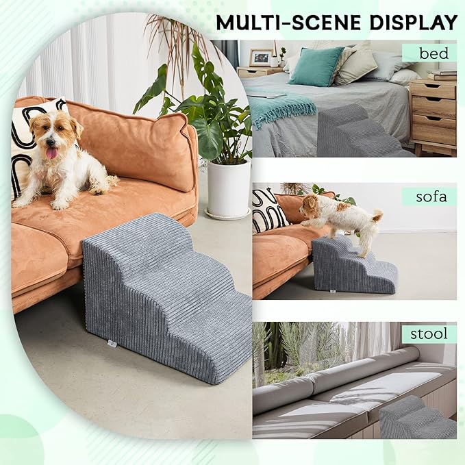 Dog Stairs Steps for High Beds, 3 Steps High Density Foam Waterproof Dog Ramp for Small Dogs and Cats, Pet Stairs with Removable Washable Cover for Bed, Couch, Sofa and Car (H:16")