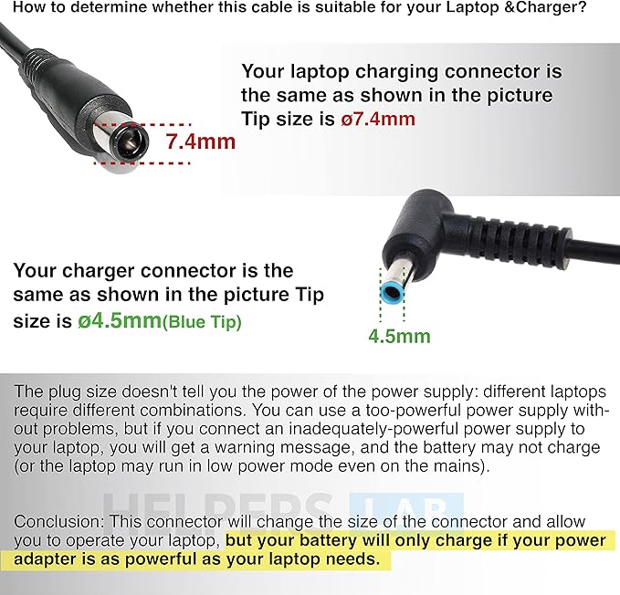 AC Power Cord Charger Laptop Adapter Tip Connector Converter for HP Pavilion Envy EliteBook Compaq Business NotebookThin Client Female Blue tip 4.5mm to 7.4mm