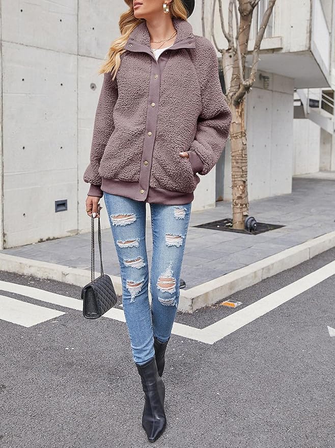 MEROKEETY Women's 2025 Winter Long Sleeve Button Sherpa Jacket Coat Pockets Warm Fleece