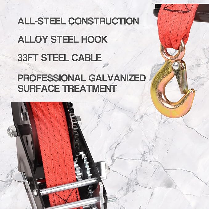 3500lbs Capacity Boat Trailer Winch Heavy Duty Hand Winch with 33ft Polyester Strap,Ratio 4:1/8:1 Gear Crank Strap Gear Winch Two-Way Ratchet with Hook for Boat Trailers ATV RV Truck