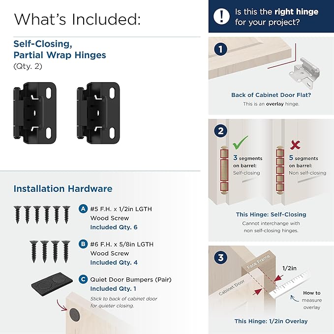 Amerock Cabinet Hinge 12 inch (13 mm) Overlay Hinge Matte Black 2 Pack Self-Closing Hinge Partial Wrap Hinge Cabinet Door Hinge