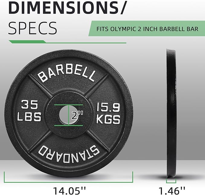 2-Inch Olympic Cast Iron Weight Plate for Strength Training & Weightlifting, Multiple Sizes