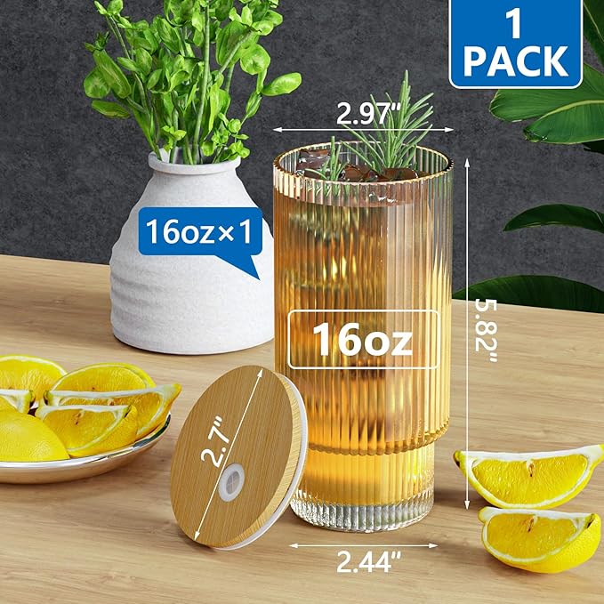 16 oz glass cup with lid and straw, vintage ribbed glassware for whiskey, cocktail, beer, iced coffee cups with lid, glass cup with straw and lid (pack of 1)