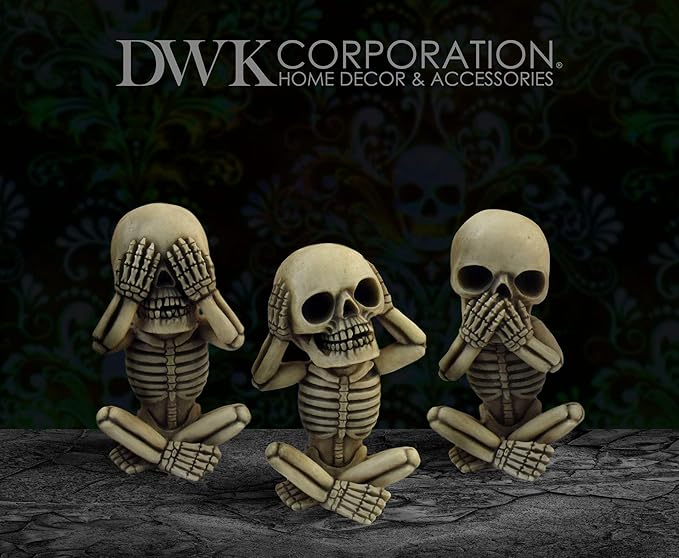 DWK Morbid Morals See Hear Speak No Evil Mini Skeleton Figurines | Macabre for Halloween Gothic Home Decor | Office Desk Decorations | Halloween Decorations - 4"