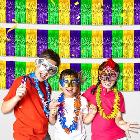 3 Pack 10 Ft Gold Green Purple Foil Fringe Garland Metallic Tinsel Streamers Banner Wall Hanging Curtain Backdrop for Parade Floats, Christmas Day, Thanksgiving, Halloween, New Year Party Decoration