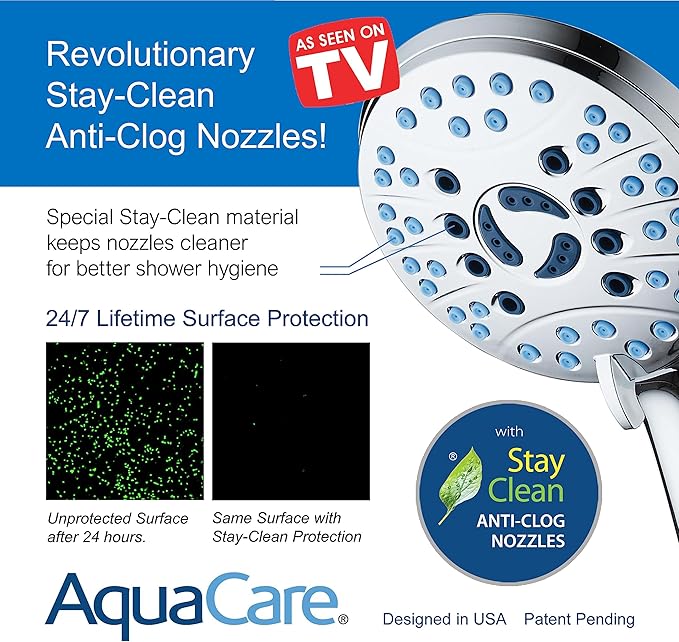 AquaCare High Pressure 8-mode Handheld Shower Head - Anti-clog Nozzles, Built-in Power Wash to Clean Tub, Tile Pets, Extra Long 6 ft. Stainless Steel Hose, Wall Overhead Brackets