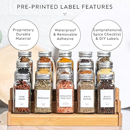 Laramaid 6oz 30Pack Glass Jars with Minimalist White Spice Labels, Shaker Lids Dispenser with Airtight Silver Metal Caps, Black Pen, Cleaning Brush Collapsible Silicone Funnel