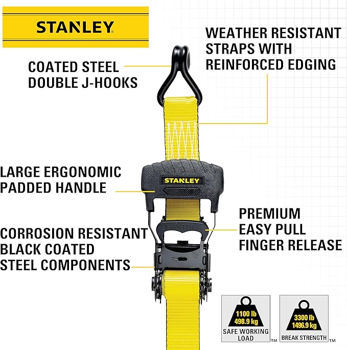 STANLEY S1007 Black/Yellow 1.5" x 16' Ratchet Tie Down Straps - 1,100 lb Safe Working Load / 3,300 lb Break Strength, 2 Pack