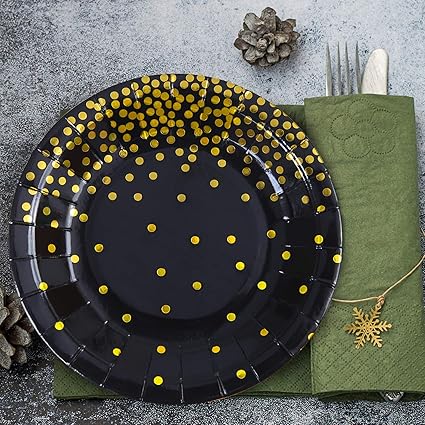 Aneco 60 Pieces 7 Inches Black Bronzing Disposable Paper Plates Dinnerware Plates Gold Foil Polka Dot Plates for Party Graduation Wedding Anniversary Birthday