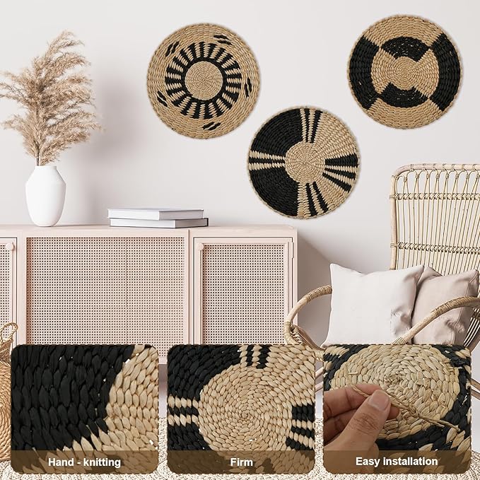 7 Pack Boho Wall Basket Decor, Hanging Woven Basket Wall Decor, Handmade Seagrass Rattan Wicker Wall Decoration, Round Rustic Bohemian Flat Seagrass Baskets for Home Living Room