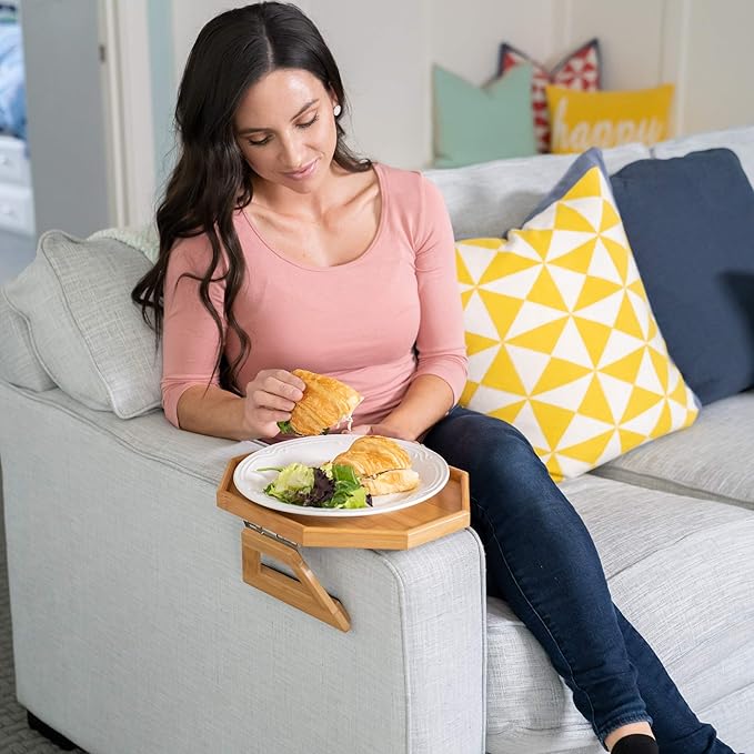 Shamrock Home Bamboo Couch Arm Table, Clip On Tray Sofa Table for Couches. Sofa Arm Tray for TV Dinners, Remotes, Drinks and Snacks, and Small Spaces - 13x10.8in, Beige