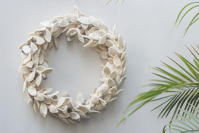 DeKulture Handmade Premium Wool Felt Wreath (White) Eco Friendly Needle Felted Christmas Xmas Tree Decoration for Home Office Party Holiday Dcor, 13" (D) Inches