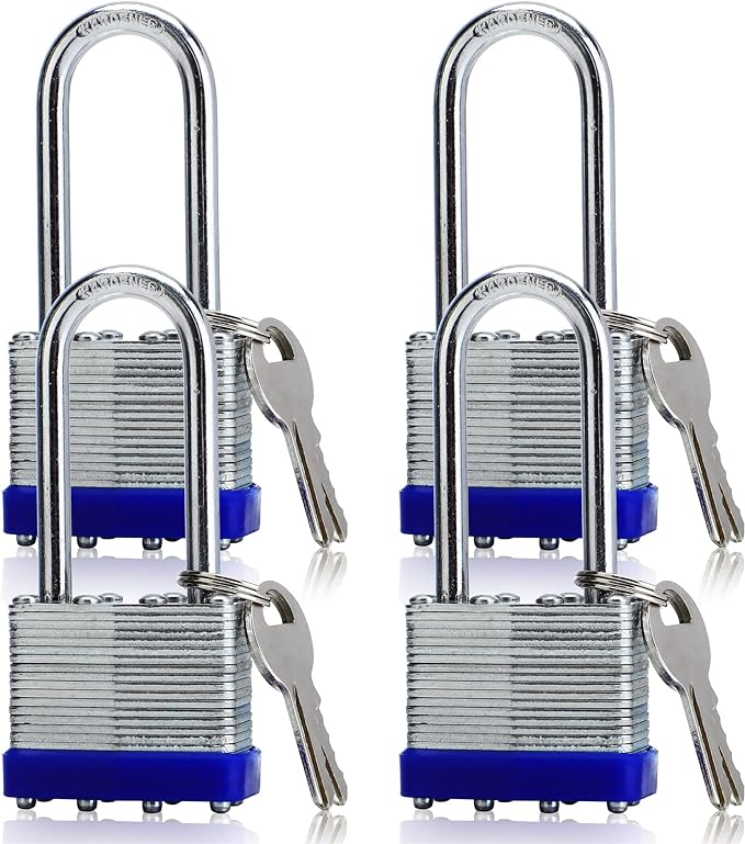 4 Pack Outdoor Padlocks with Keys Long Shackle Keyed Alike Padlocks with 8 Keys 40mm Heavy-Duty Locks for Gate Fence Toolbox School Gym