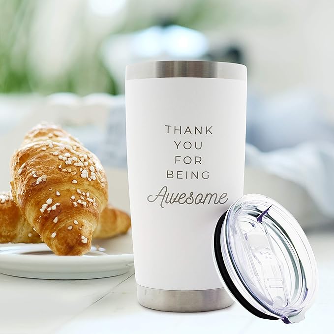 Thank You for Being Awesome - 20 oz white insulated stainless steel cup with lid, gratitude gift for employees or coworkers, birthday gift ideas for women,