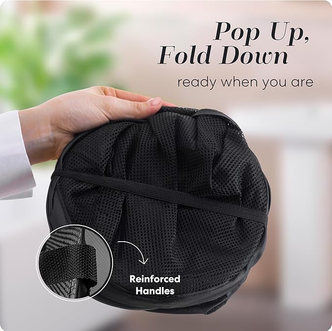 Handy Laundry Collapsible Mesh Pop Up Hamper with Wide Opening and Side Pocket Ai Breathable, Sturdy, Foldable, and Space-Saving Design for Clothes and Storage. (Black)