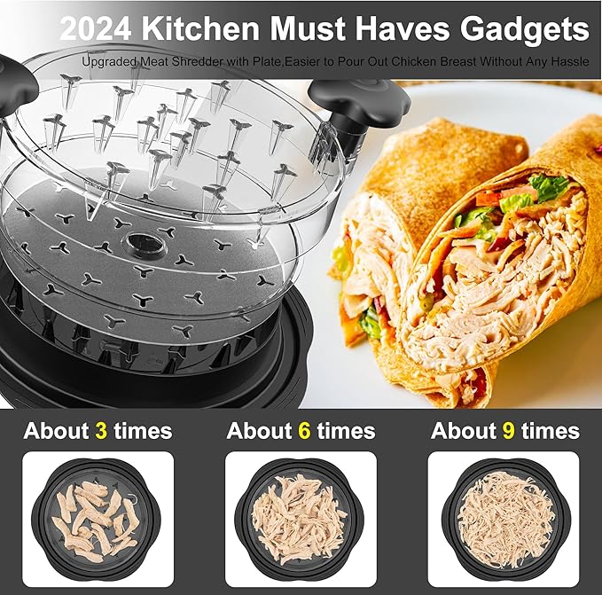 Chicken Shredder with Separate Plate, Large Meat Shredder Tool Twist with Transparent Lid&Brush, Visible Manual Chicken Breast Shredder, Dishwasher Safe, Ergonomic Handle, Easy to Clean(Black)
