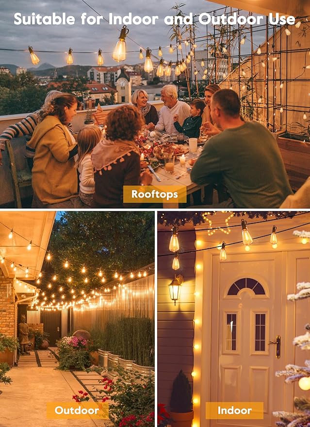 Brightown 100-foot outdoor LED light garland with 52 adjustable vintage Edison shatterproof ST38 bulbs, waterproof outdoor pendant lights for backyard, terrace, garden,