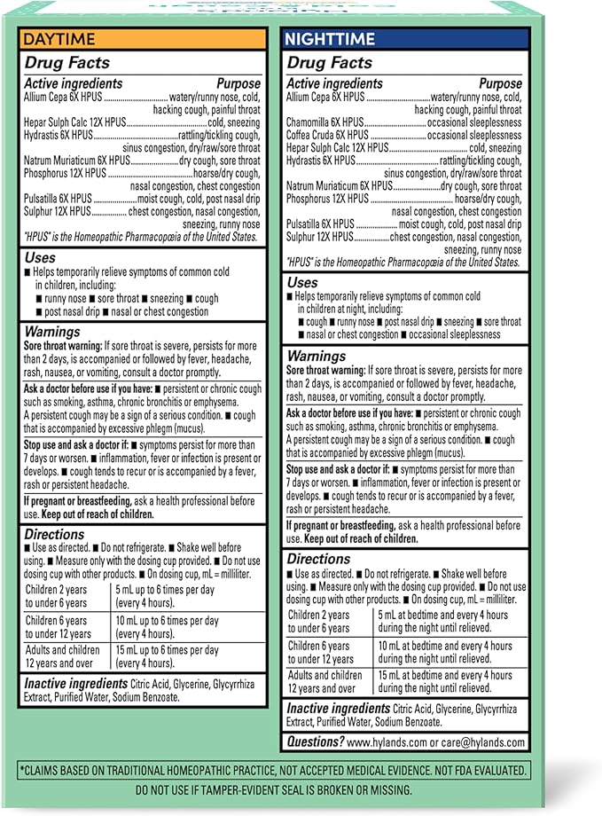 Hyland's Kids Cold and Cough, Day and Night Combo Pack, Cold Medicine for Ages 2 and up, Syrup Cough Medicine for Kids, Nasal Decongestant, 4 Fl Oz (Pack of 2)