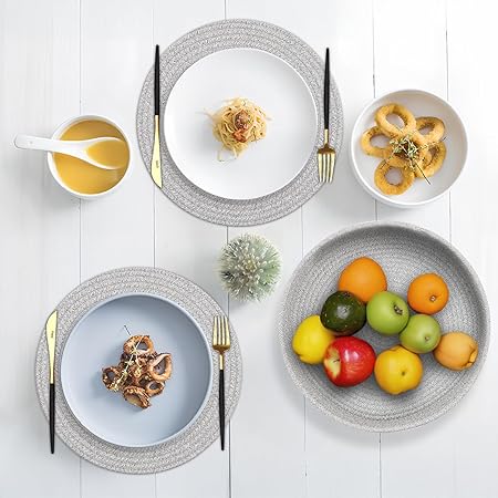 Round Placemats Set of 6 with Holder, Cotton Rope Woven Place Mats, Hot Pads for Kitchen, Heat Resistant Table Mats, 13 Inch Farmhouse Washable Braided Placemat for Kitchen Decor (Gray)
