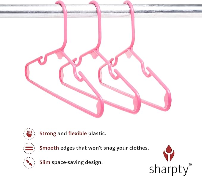 Sharpty Kids Plastic Hangers, Children's Hangers for Baby, Toddler, and Child Clothes - Everyday Standard Use - Ideal for Boys and Girls Closet, Clothing, Pants, Coats, and More - Pink, 40 Pack