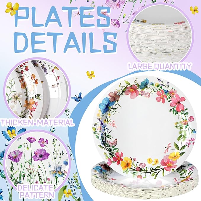 96 Pcs Spring Flower Paper Plates Disposable Floral Disco Plates for Spring Summer 70's Disco Party Birthday Decorations (Floral)