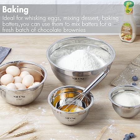 YIHONG 7 Piece Metal Mixing Bowls with Lids for Kitchen, Stainless Steel Set Ideal for Baking, Prepping, Cooking and Serving Food, Nesting Design for Space Saving Storage(White)