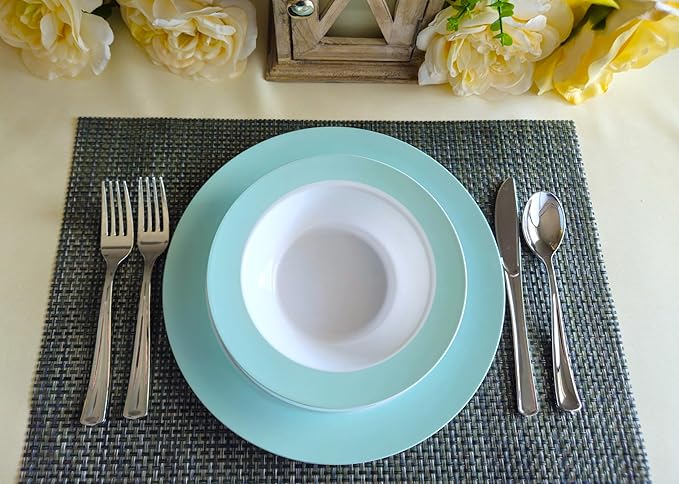 " OCCASIONS " 60 Plates Pack, Disposable Wedding Party Plastic Plates (10.5'' Dinner Plate, Rio in White Pearled Turquoise Blue)